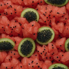 A juicy slice of watermelon with red flesh and black seeds, sharply detailed.