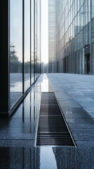 Modern Urban Architecture Reflection with Water on Pavement