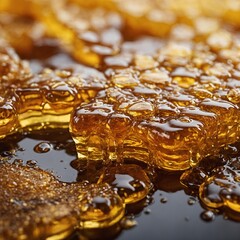 A golden honeycomb dripping with thick honey, captured in high detail.
