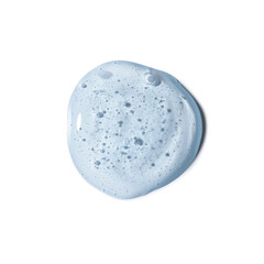 Close-up of a light blue cosmetic gel smear with bubbles on a white background