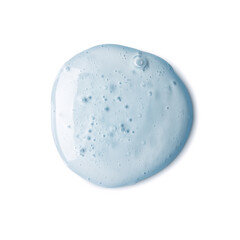 Close-up of a light blue cosmetic gel smear with bubbles on a white background