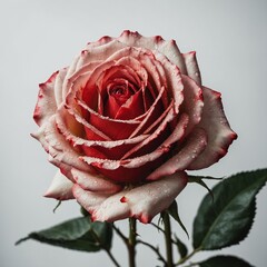 A lush red rose in full bloom with velvety petals against pure white.