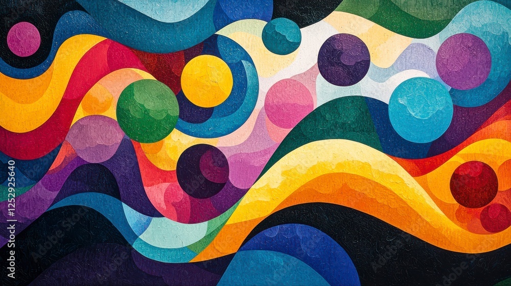 Poster vibrant abstract waves with colorful circles and flowing shapes in bold palette for creative design 