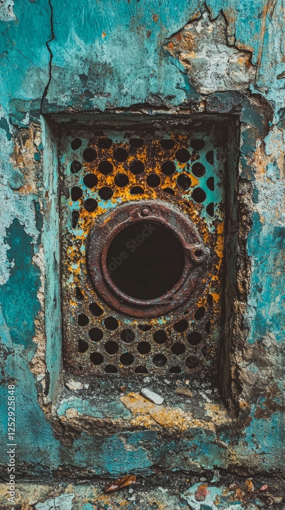 Poster Rusty Circular Vent with Weathered Background and Textured Details
