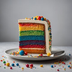 A slice of rainbow cake with vibrant layers, placed against white.