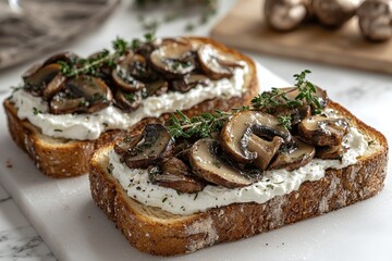 Autumn toast with cream cheese, saut&eacute;ed mushrooms, and thyme.