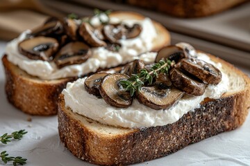 Autumn toast with cream cheese, saut&eacute;ed mushrooms, and thyme.