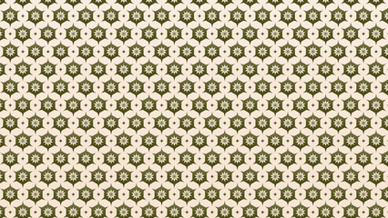 Seamless pattern featuring a geometric arrangement of olive green hexagons with star bursts alternating with cream-colored organic shapes. A versatile background suitable for textile design, wallpaper