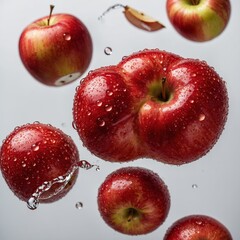 A vibrant red apple with water droplets on its surface, resting on a pure white background.