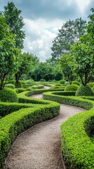 Serene Garden Pathway Curves Through Lush Green Hedges and Trees