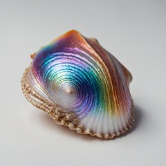 A surreal, iridescent seashell with shimmering rainbow hues on a bright white background.