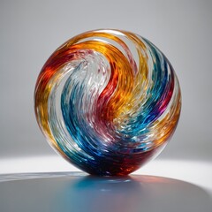 A radiant, multi-colored glass sculpture reflecting light on a pure white background.