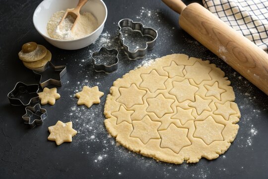 Cookie Dough Preparation with Star-Shaped Cutters on Dark Surface - Ideal for Baking Tutorials
