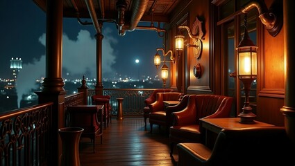 Fototapeta premium A cozy industrial-style balcony with a cityscape view at night. Features a red chaise lounge, a round table, chairs, and warm string lights. The city skyline includes smokestacks and buildings