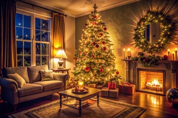 Cozy Christmas Living Room Night - Festive Holiday Interior Stock Photo