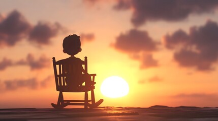 Obraz premium Child in Rocking Chair Silhouette Against Vibrant Sunset Sky