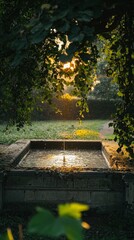Obraz premium Tranquil Garden Fountain Surrounded by Lush Greenery at Sunset