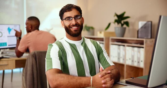 Happy, professional and face of man in office with new job for software development career. Pride, portrait and male frontend developer with online UX design for interface prototype in workplace.