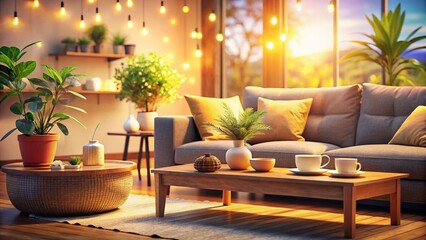 Cozy Living Room Interior Design:  Bokeh Lighting, Sofa, Coffee Table, Planters