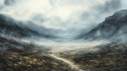 Obraz premium Misty valley, path through foggy mountains.