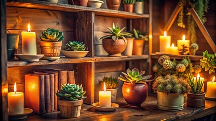Fototapeta premium Cozy Rustic Bookshelf with Candles & Succulents: Low-Light Interior Design Stock Photo
