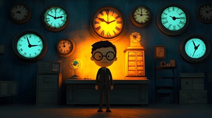 Cute cartoon boy standing in a room full of colorful clocks