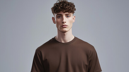 Obraz premium A brown classic t-shirt styled on a young male model with curly hair, creating a fresh and contemporary look. Suitable for apparel mockups and lifestyle branding.