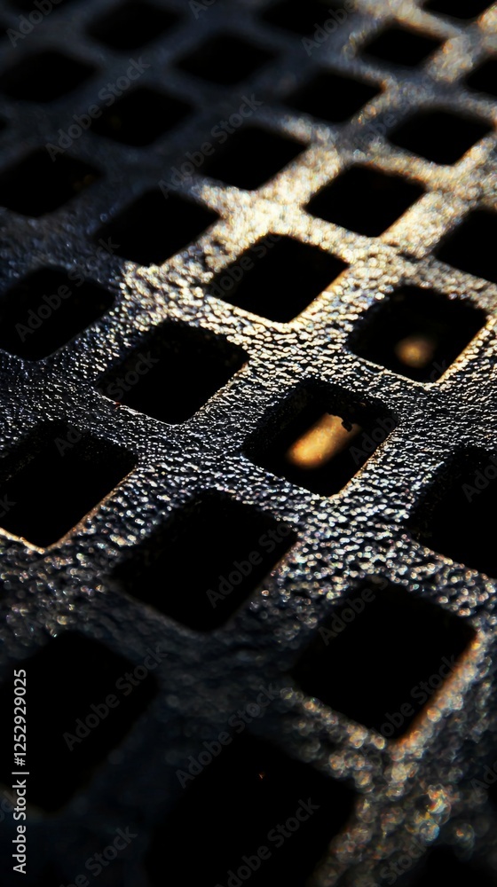 Poster close-up of metallic grid with texture and light reflection