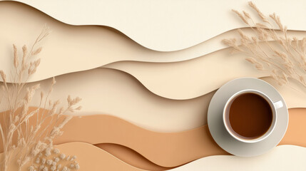 Subtle layered shapes in mocha and mousse tones create soothing monochrome aesthetic, complemented by cup of coffee and delicate dried plants, evoking warmth and tranquility