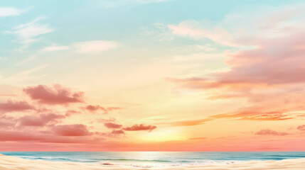 Obraz premium breathtaking sunrise over ocean horizon, casting warm gradient of yellow, orange, and pink hues across sky. Soft clouds reflect morning light, blending into tranquil seascape