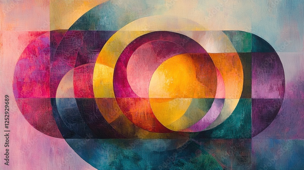 Poster vibrant geometric abstract artwork with circular patterns in warm and cool tones on a soft backgroun