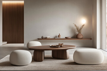 A modern living room showcasing a minimalist design with a wooden table, soft poufs, and neutral-toned decor, symbolizing calm, simplicity, and contemporary interior design.