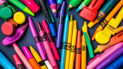 A close-up shot of brightly colored pencils and markers arranged neatly, creating a visually appealing and engaging school supplies display.

