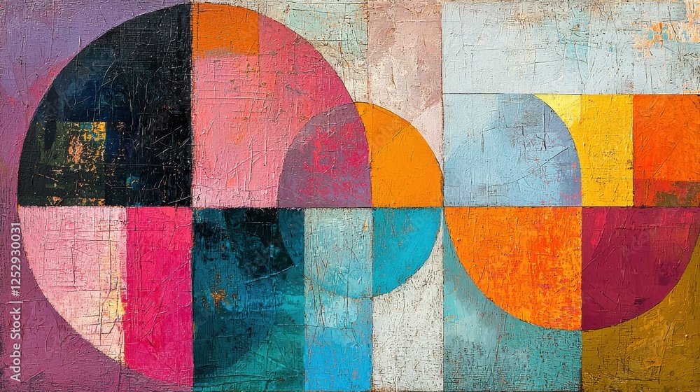 Poster vibrant abstract composition with geometric shapes in vivid colors, capturing modern artistic expres