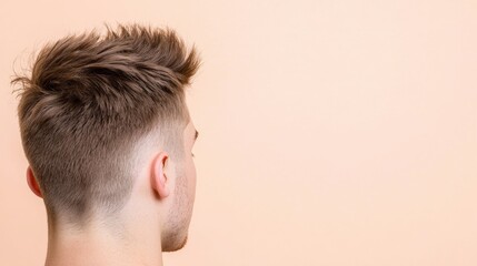 Fototapeta premium Man with short haircut and beard posing in casual attire against a neutral background