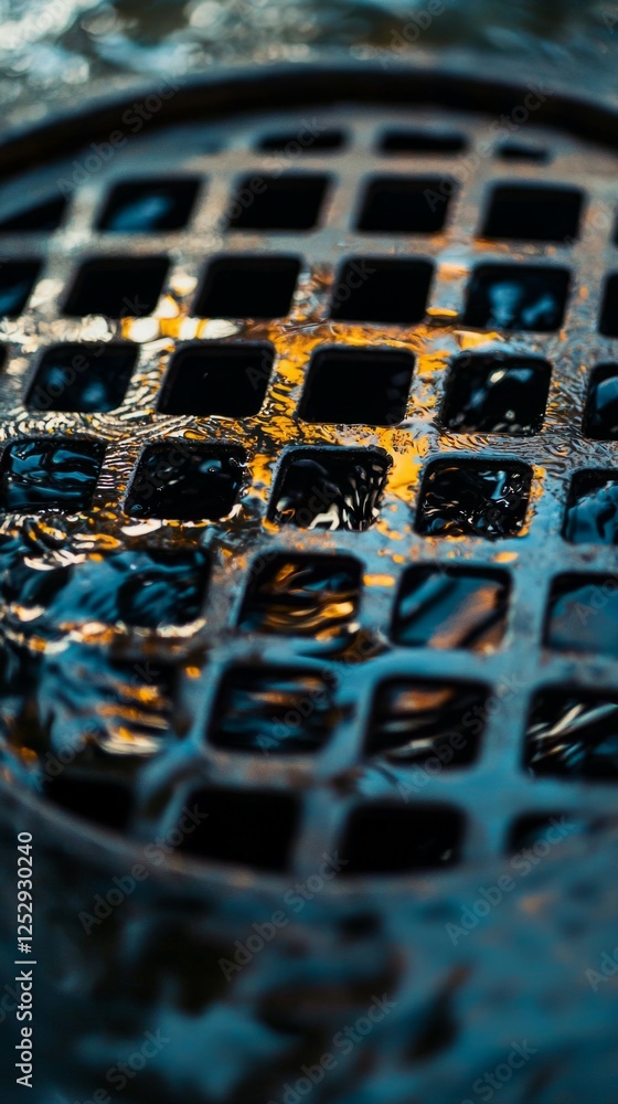 Poster close-up view of grate with water reflection and texture