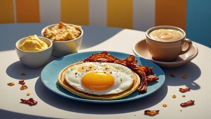 Sunlit breakfast display with pancakes topped with sunny-side-up egg, crispy bacon, and creamy pudding creating a perfect start to the day
