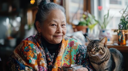 Cozy Companionship: A serene elderly woman with gray hair in a bun, smiles gently, wrapped in a vibrant patchwork blanket, while a tabby cat sits attentively beside her.  The warm.