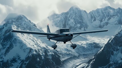 A Cessna bush plane flying over the mountains
