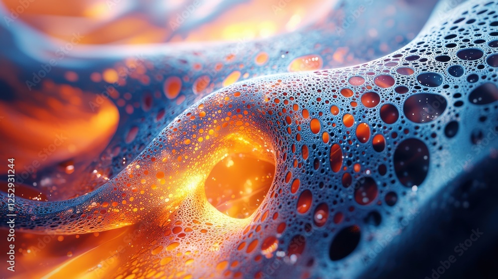 Poster intricate abstract art with vivid texture and light effects in blue and orange, showcasing flow and 