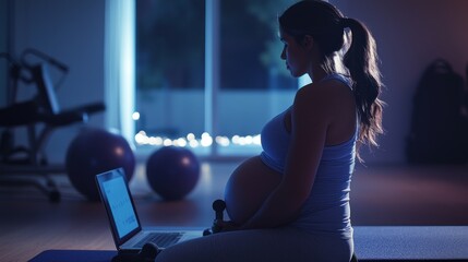 Pregnant Woman Exercising at Home Late at Night