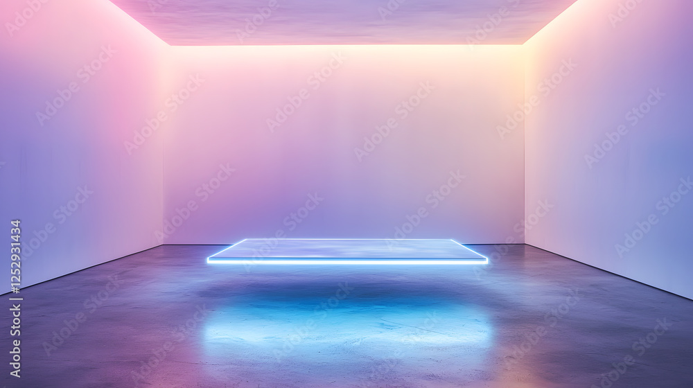 Poster illuminated floating platform in minimalist space art installation contemporary gallery abstract env