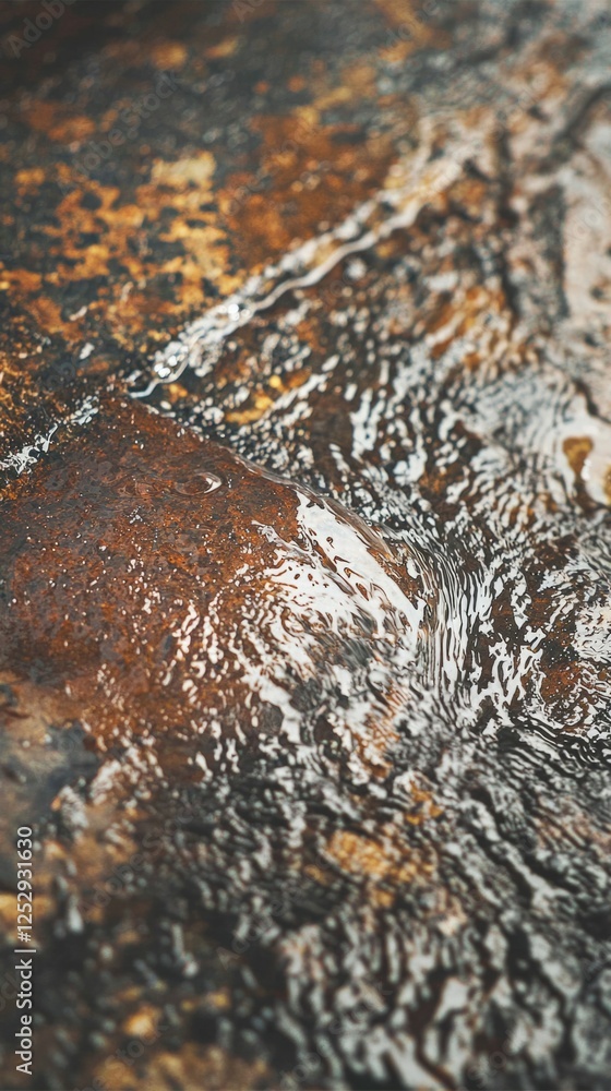 Poster close-up of rustic textured surface with water reflection and rust