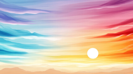 Vibrant sunset sky with bold gradient washes of warm and cool tones, featuring glowing sun over distant mountains. artistic texture creates dreamy and serene atmosphere