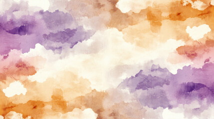 Obraz premium Watercolor abstract background with soft blended clouds in shades of orange, purple, and white, creating dreamy and artistic texture
