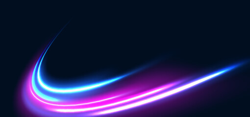 Futuristic glowing blue and pink curved rays on dark blue background. Hi-speed night effect blur speed motion moving.