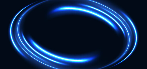 Futuristic glowing blue swirl rays on dark blue background. Hi-speed night effect blur speed motion moving.