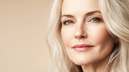 Fototapeta premium A stunning close-up of a blonde woman with natural pink lips and fresh, clear skin, perfect for makeup and skincare product imagery.