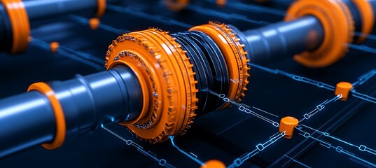 Obraz premium Abstract 3D Render of Interconnected Orange and Black Cylindrical Gears