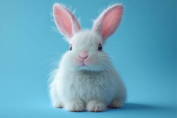 Adorable white bunny posing on a vibrant blue background